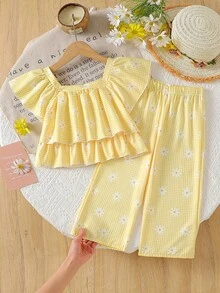 Elladie kids 2件組少女可愛甜美雛菊花卉印花方領泡泡袖上衣 + 優雅休閒寬腿褲套裝 - 黃色 - 查看 3