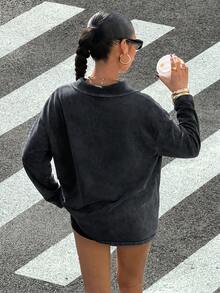 Muchica 女款長袖寬鬆鈕扣半開襟休閒T恤 - 黑色 - 查看 2