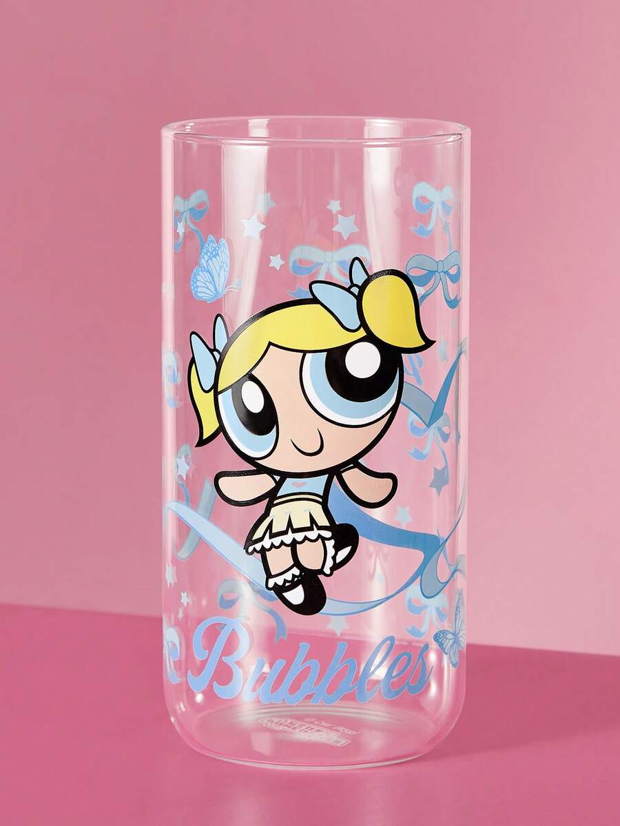 THE POWERPUFF GIRLS X SHEIN 1個 19.60oz/580ml L號可愛卡通圖案印花硼矽玻璃杯,耐冷耐熱,適用於牛奶、果汁、咖啡、氣泡水等,草莓、蝴蝶結、貓咪圖案 - 無色 - 查看 1