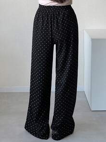 Dazy Tall Women's Polka Dot Elastic Waist Straight Leg Casual Long Pants Fall - Black - View 8