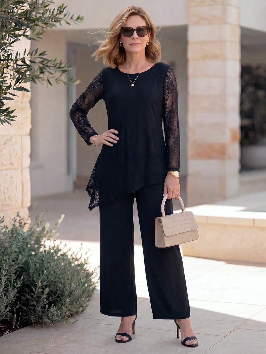 EMERY ROSE Conjunto de top de manga larga con encaje en contraste y pantalones para mujeres de mediana edad - Negro - Ver 1