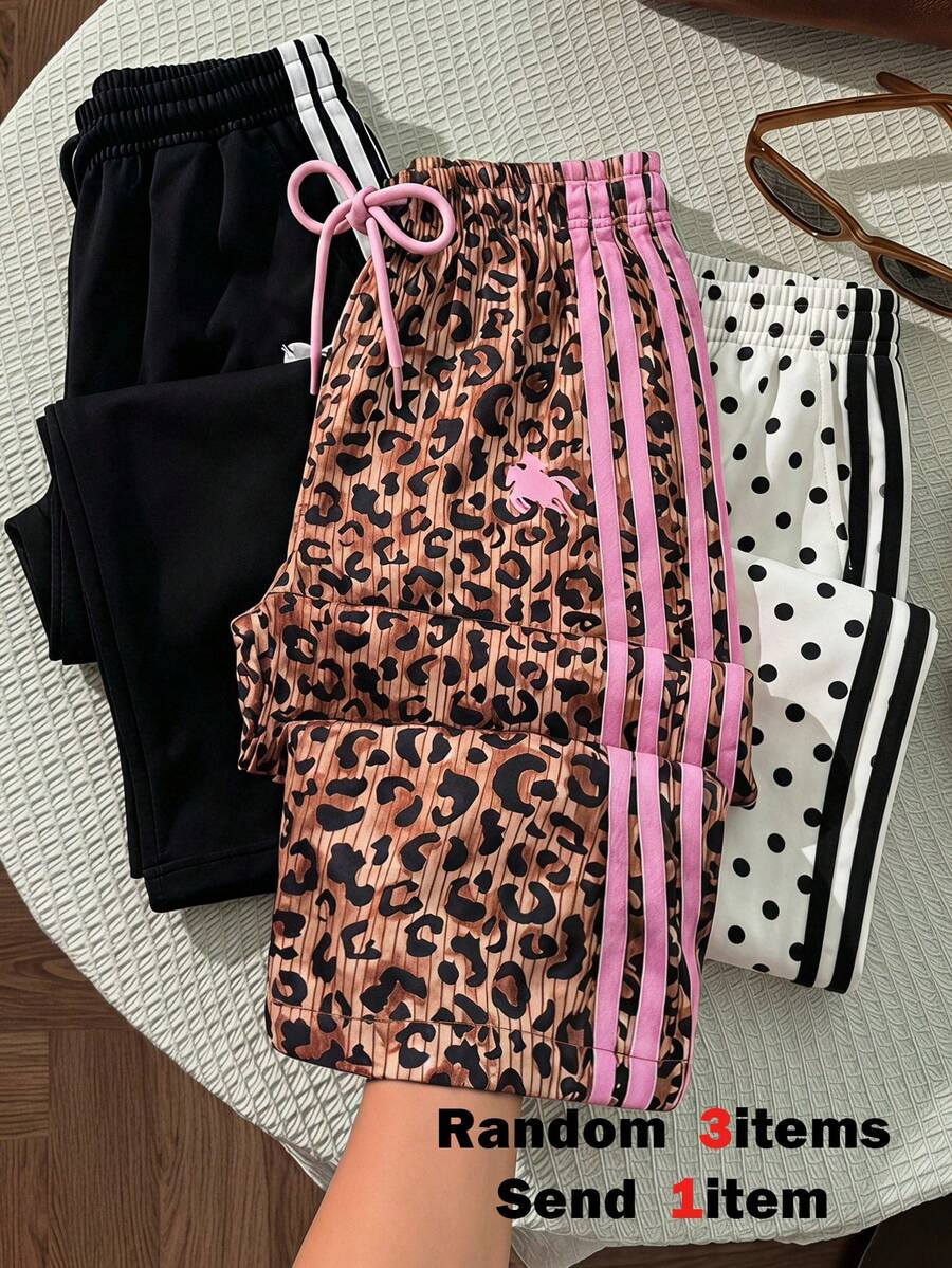 SHEIN Sparklyn 青少年女孩寬鬆休閒時尚咖啡色豹紋拼接色塊側條紋拼接寬腿褲，舒適百搭，適合度假、旅行、外出、校園、日常穿著等多種場合