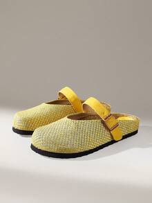 Solecia Women Shoes Woven Linen Closed Toe Single Buckle Flat Bottom Comfortable Leisure Vacation Wind Yellow Ladies Slouchy Shoes Travel Daily Wear - Yellow - View 7