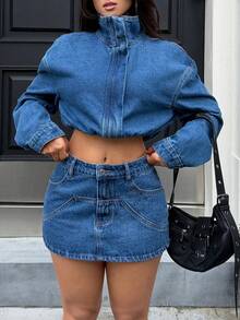 Rivivi Women's Fashion Funnel Neck Zipper Jacket & Skirt Washed Denim Set - Medium Wash - View 3