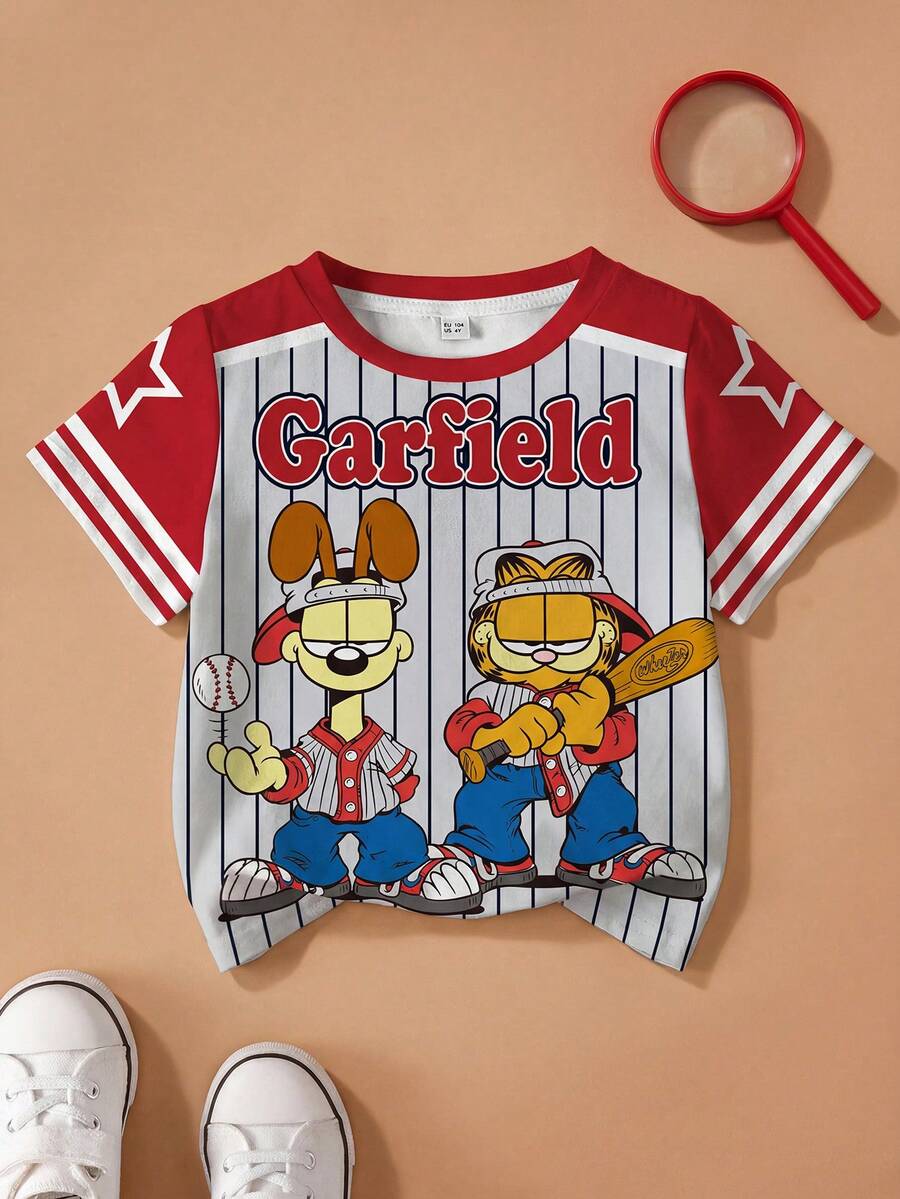 GARFIELD | SHEIN Camiseta de manga corta con cuello redondo y estampado de rayas y dibujos animados para bebé niño - Blanco - Ver 1