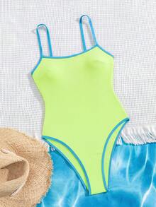Swim Mod 春夏跨境歐美新款性感連身三角比基尼，高衩三點式，黃綠色素色紋理面料，淺藍色對比細邊飾，小胸聚攏，雙肩帶，適合女性與女孩的甜美清新顯瘦泳衣套裝，適用溫泉、海灘度假、生日派對 - 鵝黃色 - 查看 4
