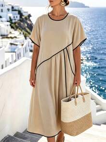Linhara CURVE Damen-Kleid in großen Größen mit Farbblockdesign, sommerliches lässiges Urlaubs-Maxikleid, lockeres Boho-Strandkleid mit Rundhalsausschnitt, lässig-elegant mit Rüschenärmeln, locker gerafftem Volantrock - Khaki - Übersicht 3