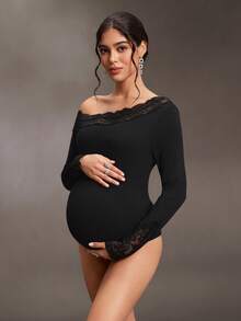 Cheriluna Maternity 不對稱單肩蕾絲拼接內搭衫，不對稱領口，長袖喇叭袖口，高腰修身剪裁，性感孕婦優雅黑色冬季款 - 黑色 - 查看 3