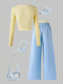 SHEIN Elladie kids 青少年女孩秋季套裝上衣 2件/組，圓領 92%棉，甜美輕盈休閒修身短袖長袖款 - 彩色 - 查看 2