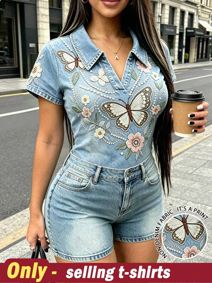 SHEIN Franclia 女士花卉蝴蝶印花休闲短袖上衣,夏季 - 白色 - 查看 1