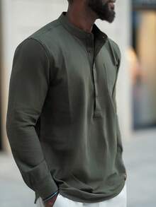 thenoahjr thenoahjr Men's Casual Simple Breathable Long Sleeve Shirt, Fall - Army Green - View 4