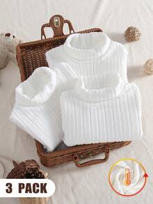 SHEIN Vintaside Kids 3件組乳白色嬰兒高領連身衣，四季爬行衣，新生兒長袖修身親膚柔軟 - 白色 - 查看 1