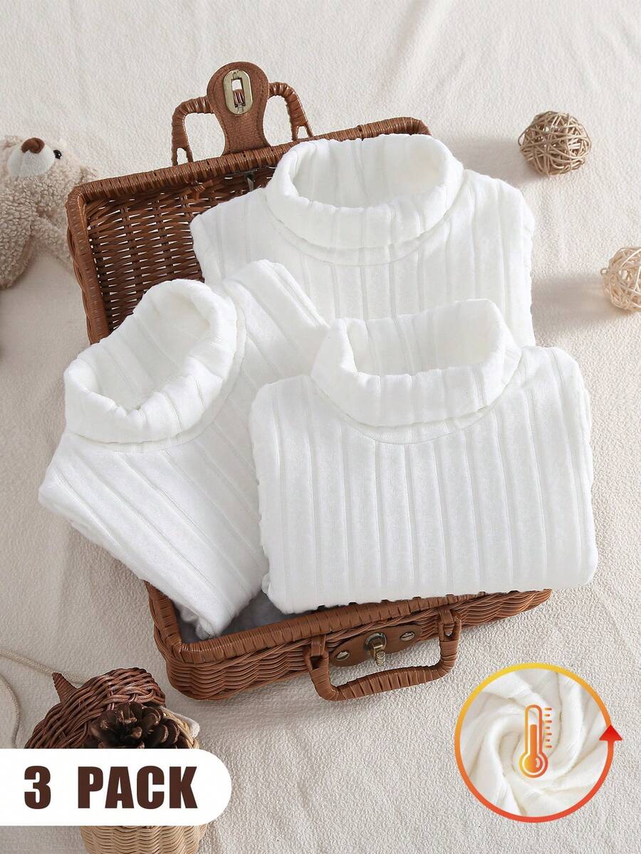 SHEIN Vintaside Kids 3件組乳白色嬰兒高領連身衣,四季爬行衣,新生兒長袖修身親膚柔軟 - 白色 - 查看 1