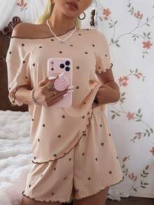 CottageSlumber Khaki Small Heart Ribbed Knit Loose Fit Short Sleeve Shorts Pajama Set For Women - Khaki - View 5