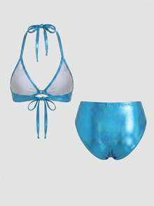 Slaydiva Plus Size Women's Summer Beach Vacation Metal Accent Halter Tie Sexy Bikini Swimwear Set Teal - Green - View 6