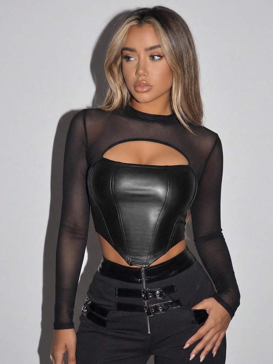SHEIN ICON 黑色pu網眼剪裁前面不對稱的直切短tee - 黑色 - 查看 1