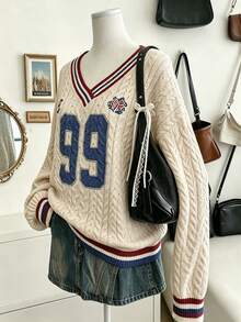 Lalippa Women's Colorblock Striped Number Pattern Knit Top - Apricot - View 3