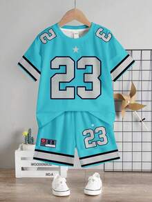 SHEIN 男嬰休閒極簡數字印花T恤短褲套裝，適合夏季 - 彩色 - 查看 2