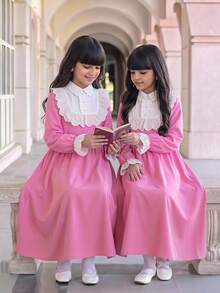 SHEIN 青少年女孩春秋冬款梭織粉色與白色拼接領口2合1休閒校園風可愛荷葉邊裝飾蘑菇鈕扣拼接長袖長洋裝，秋冬校服 - 粉色 - 查看 3