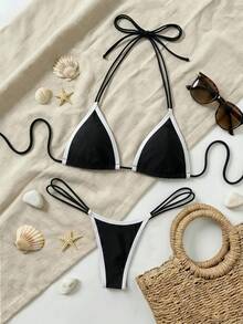 Swim SXY 游泳夏季海滩度假服装女士黑白性感比基尼套装 - 黑與白 - 查看 3