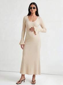 Modmama Maternity Solid Color Round Neck Flared Sleeve Slim Fit Elegant Dress Fall,Autumn Outfit For Women Photoshoot Beige - Apricot - View 2