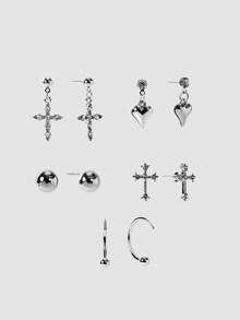 MortiRose 10pcs Simple Cross, Heart Shaped Earrings Set, Cross Stud Earrings, Mini Earrings, Fashion Earrings Accessories For Women, Suitable For Daily Wear - Silver - View 1