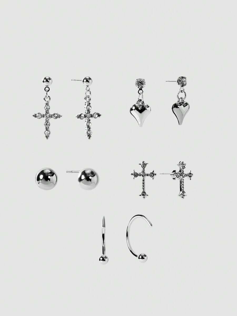 MortiRose 10pcs Simple Cross, Heart Shaped Earrings Set, Cross Stud Earrings, Mini Earrings, Fashion Earrings Accessories For Women, Suitable For Daily Wear - Silver - View 1