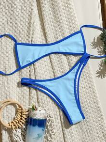 Bonvoyette 2pcs/Set Sexy Modest Casual Royal Blue Women's Swimwear Set, No Padding, Double Shoulder Straps, Back Tie, Summer Beach Pool Party Vacation - Blue - View 4