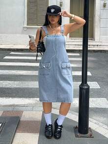 Rivivi 大尺碼女款休閒百搭水洗牛仔連身褲裙 - 淺色水洗藍 - 查看 7