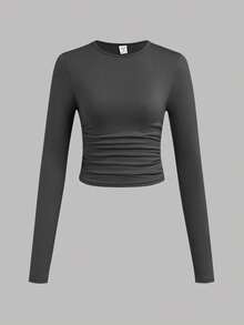 3pcs Tween Girls Solid Color Crew Neck Ruched Long Sleeve T-Shirt Undershirts, Casual For Autumn/Winter - Dark Grey - View 8