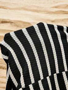 SHEIN Women's Maternity Vacation Striped Colorblock Round Neck Side Slit Dress - Black - View 9