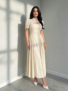 RiviMae Women's New Arrival Mandarin Collar Patchwork Hollow-Out Elegant Dress - Apricot - View 1