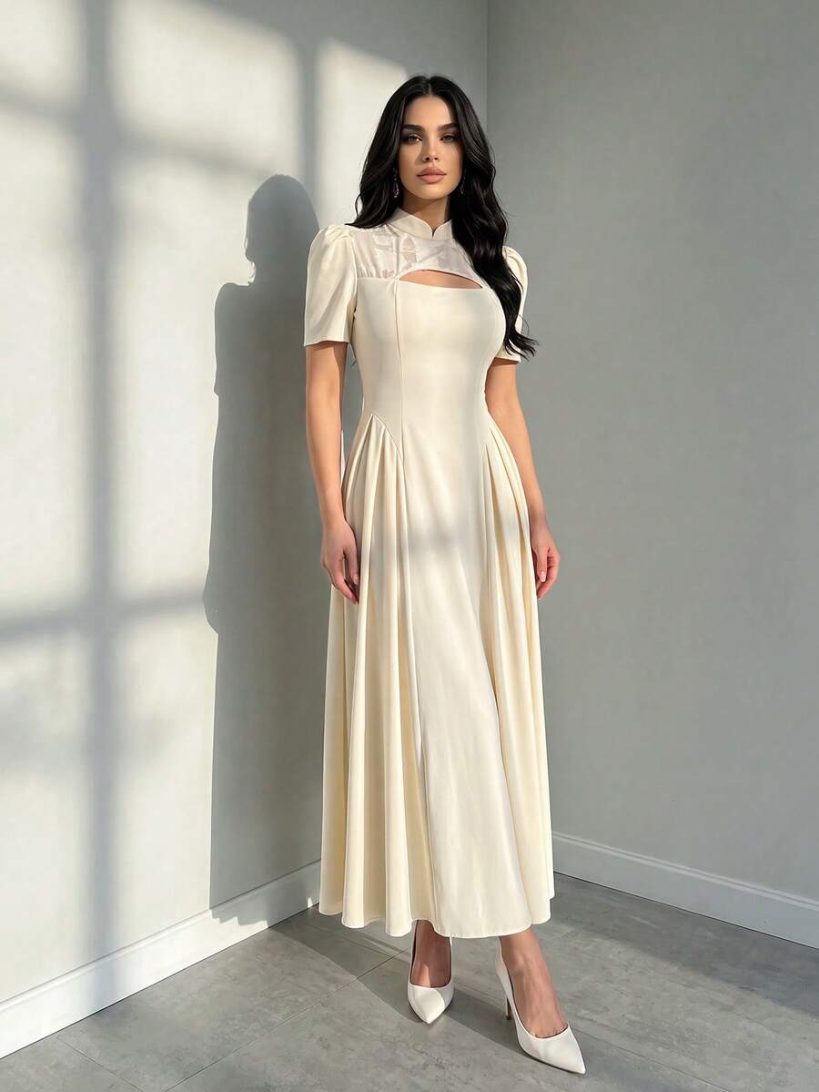 RiviMae Women's New Arrival Mandarin Collar Patchwork Hollow-Out Elegant Dress - Apricot - View 1