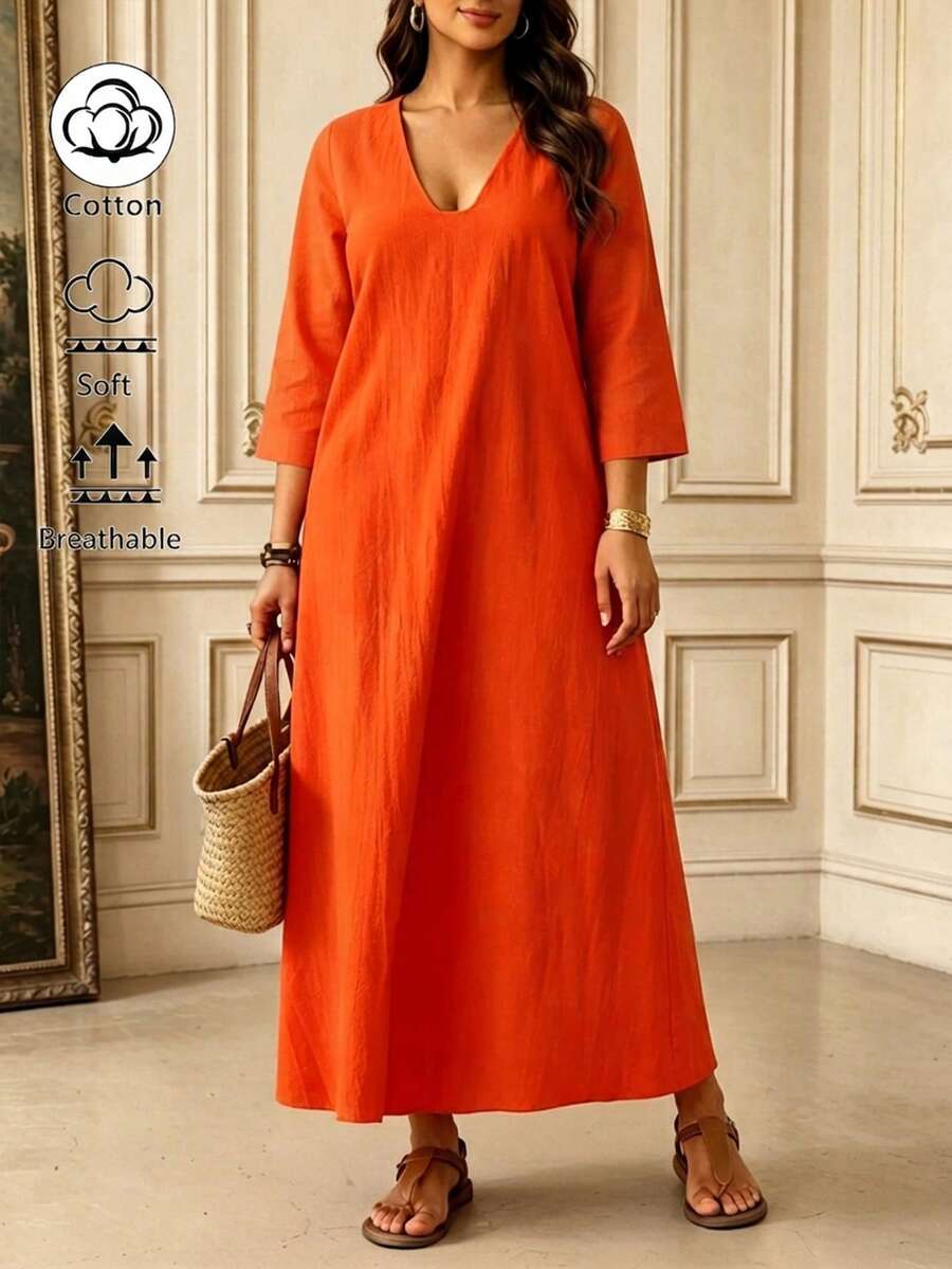 SHEIN LUNE CURVE Plus Size Solid Color Washed Cotton Casual 3/4 Sleeve Dress, Autumn/Winter Vacation Outfit, Casual Holiday Wear, Outing Dress Fall - Orange - View 1