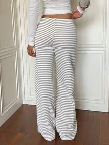 Aloruh 女款秋冬新款超低腰棕色條紋長褲 - 彩色 - 查看 2