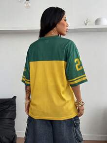 Coolane 女士夏季街头风外出休闲运动印花透气网眼宽松针织T恤 - 彩色 - 查看 5