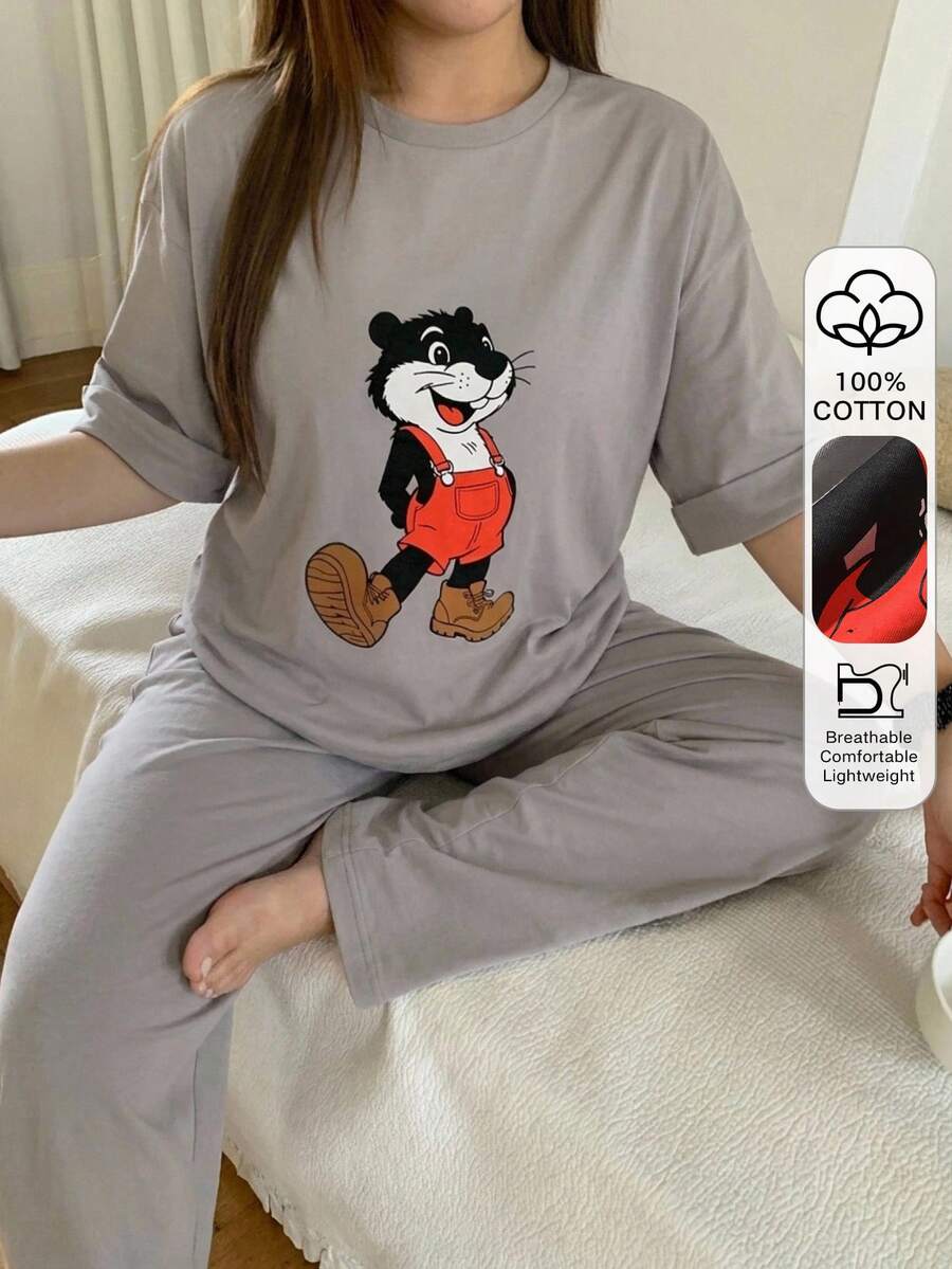 Dazy Plus 2pcs Cute Animal Pattern Loose Long Sleeve Straight Leg Solid Color Long Pajama Pants Set - Grey - View 1