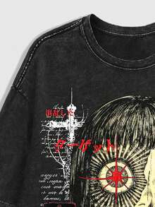 ROMWE MEN Grunge Punk 男士圓領卡通圖案休閒日常雪花T恤 - 黑色 - 查看 4