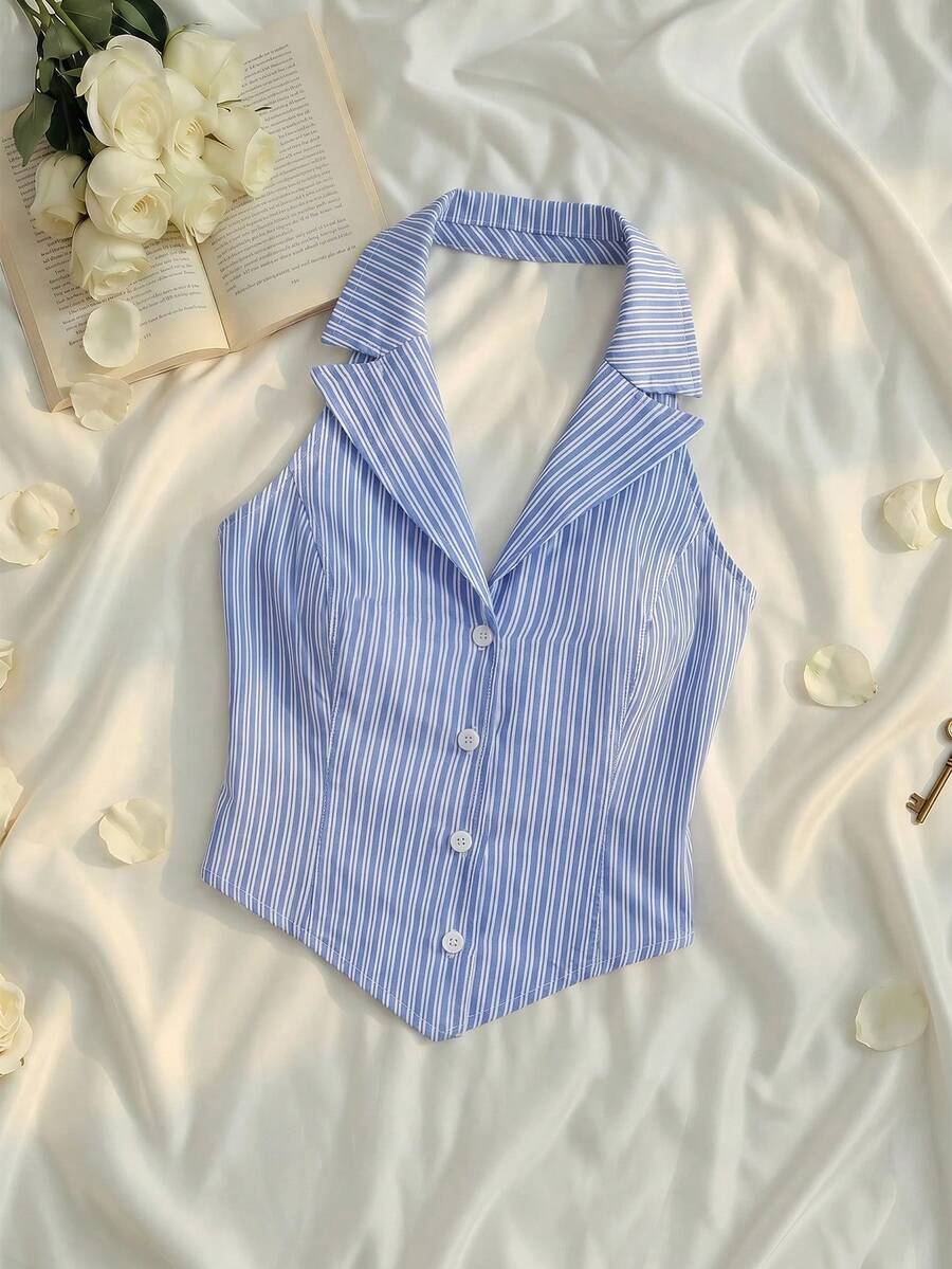 SHEIN MOD Cotton-Blend Blue Striped Cropped Halter Vest Top, Coquette Preppy Sleeveless Button Front Blouse For Spring Summer Outfits - Blue and White - View 1