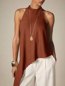 KSTM Top con cuello halter asimétrico drapeado con espalda abierta y bajo asimétrico para uso en verano y eventos nocturnos - Naranja Quemada - Ver 6