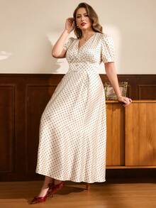 Auvina Fashionable Elegant Commuter Urban OL Style Small Polka Dot V-Neck Petal Sleeve Cinched Waist Plus Size Dress - Apricot - View 7