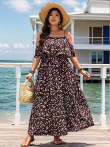 SHEIN LUNE Plus Size Vacation Casual Ditsy Floral Off-Shoulder Spaghetti Strap Dress Beach Vacation White - Multicolor - View 9