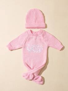 SHEIN 2件組 Hello I'm Here 趣味圖案刺繡新生兒攝影套裝 針織海軍藍連身褲連帽衣 嬰兒拍照秋季道具 - 西瓜粉 - 查看 8