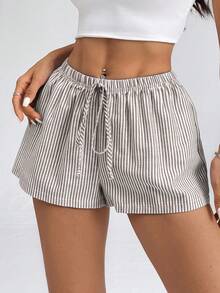 SHEIN PETITE 女款條紋低腰短褲，適合夏季度假海灘，小碼女款 - 棕色 - 查看 5