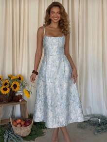 SHEIN Vintage 3D Floral Embossed Print Sleeveless A-Line Dress, Women's Holiday Dress, Women's Vacation Dress, Women's Party Dress, Elegant Vintage Women's Dress. Luxury Banquet Party Tea Dress, French Backless Hollow Elegant Princess Dress, Sexy Elegant Summer Women's Dress, Birthday Mid-Length Wedding Guest Dress, Mid-Length Elegant Bridal Dress, - Blue - View 9