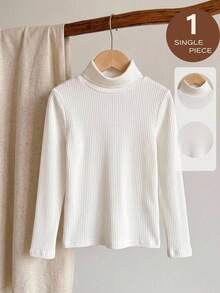 Camiseta básica de cuello alto de punto acanalado para niñas - Blanco - Ver 2