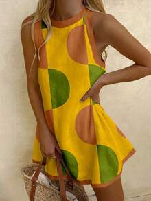 Vaclyn Vacation Casual Colorblock Print Sleeveless Dress - Multicolor - View 1
