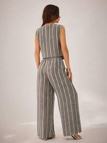 SHEIN PETITE 女款夏季休閒條紋背心與長褲兩件套 - 棕色 - 查看 3