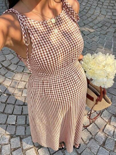Lyckli Maternity Plaid Shoulder Knot Casual Sleeveless Dress