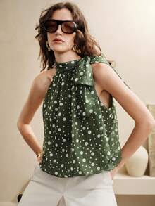 SHEIN Zanirela Women's Top Loose Flowy Chiffon Halter Neck Tie Shoulder Bow Pleated 70s Retro Elegant French Olive Green Polka Dot Blouses Holiday Brunch Summer - Army Green - View 3